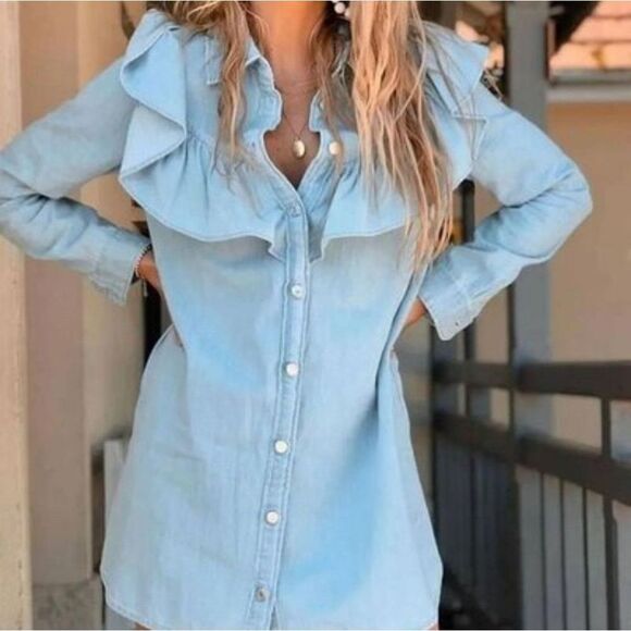 ZARA Dress Womens Extra Small Blue Ruffle Denim Mini Shirt Dress Blogger Fave - Picture 12 of 14